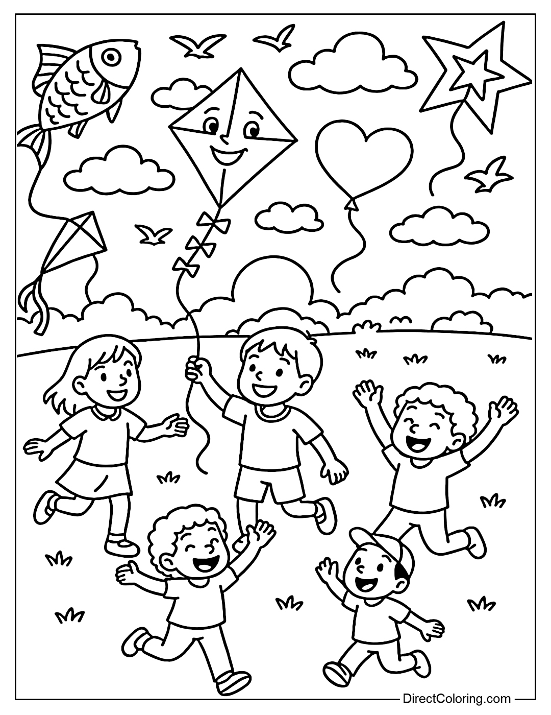 A coloring page of a kite festival with many different types of kites, children playing.